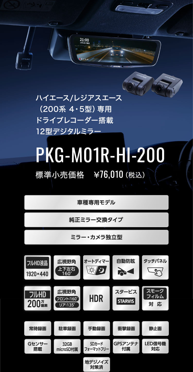 ハイエース/レジアスエース（200系 4・5型）専用 ドライブレコーダー搭載 12型デジタルミラー PKG-M01R-HI-200 標準小売価格　￥76,010（税込）