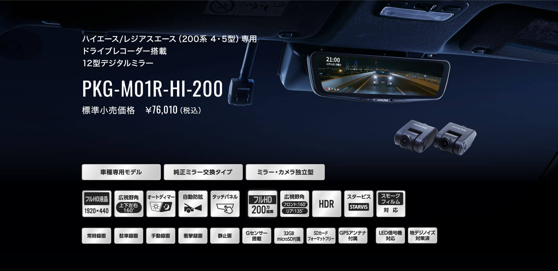 ハイエース/レジアスエース（200系 4・5型）専用 ドライブレコーダー搭載 12型デジタルミラー PKG-M01R-HI-200 標準小売価格　￥76,010（税込）