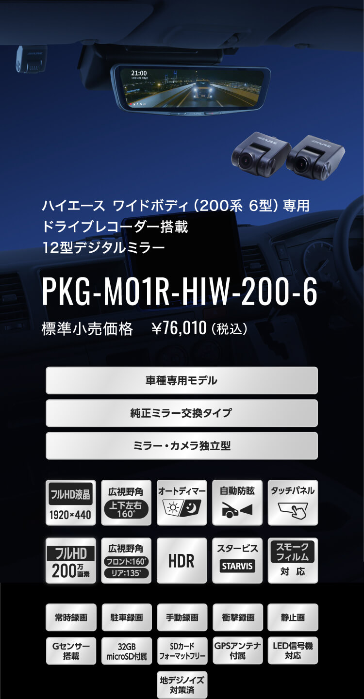 ハイエース ワイドボディ（200系 6型）専用 ドライブレコーダー搭載 12型デジタルミラー PKG-M01R-HIW-200-6 標準小売価格　￥76,010（税込）