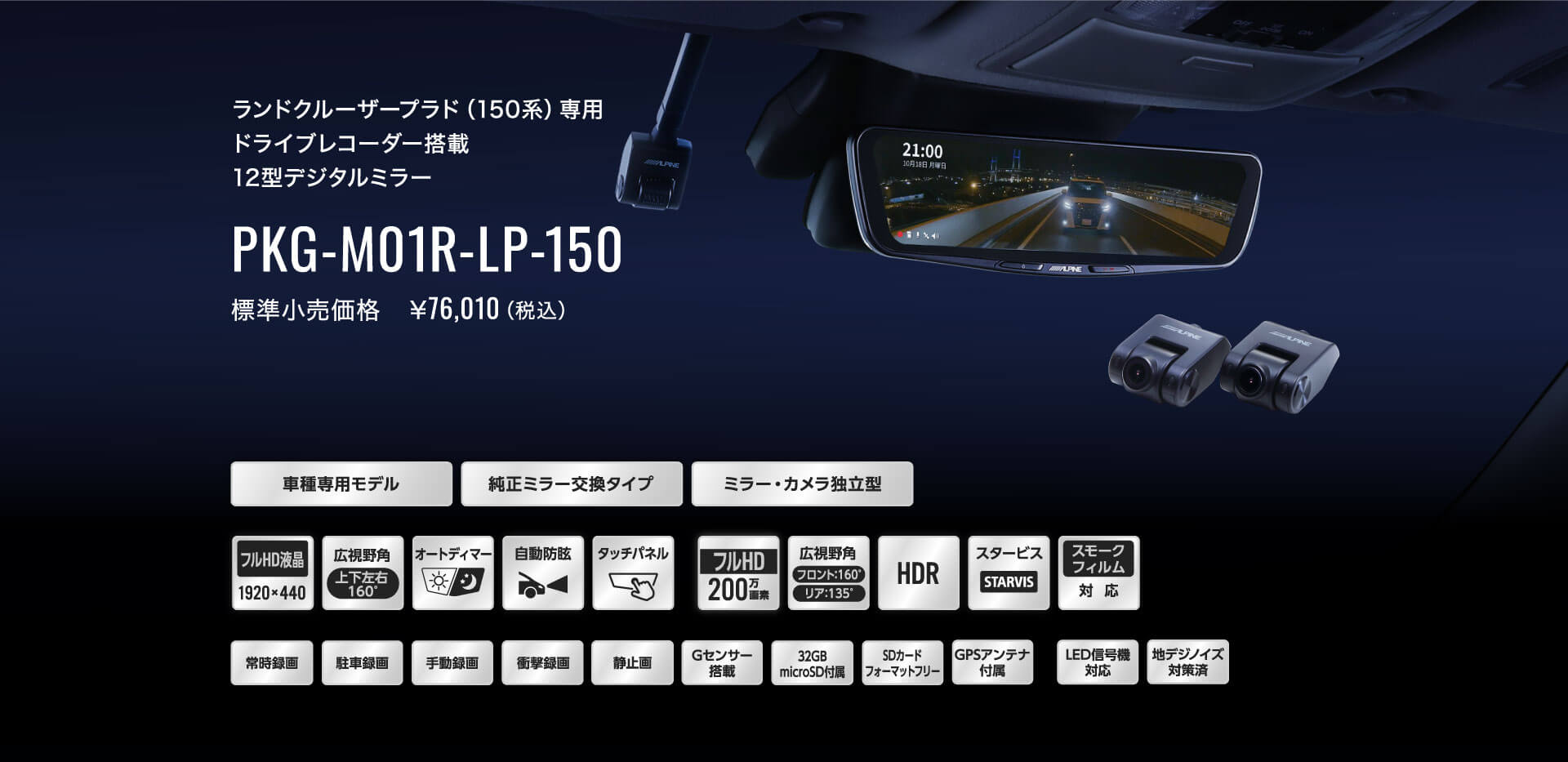 ランドクルーザープラド（150系）専用 ドライブレコーダー搭載 12型デジタルミラー PKG-M01R-LP-150 標準小売価格　￥76,010（税込）
