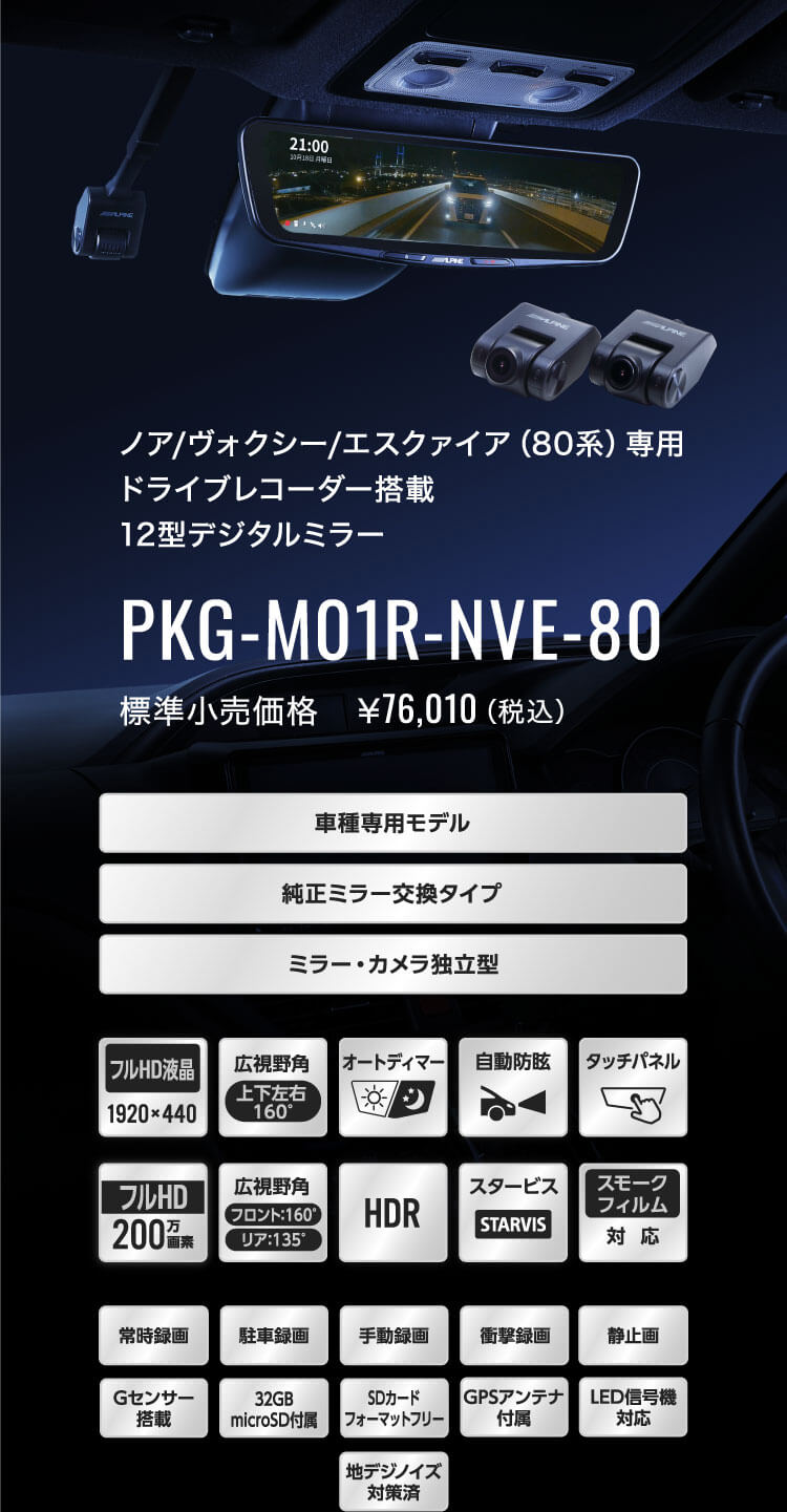 ノア/ヴォクシー/エスクァイア（80系）専用 ドライブレコーダー搭載 12型デジタルミラー PKG-M01R-NVE-80 標準小売価格　￥76,010（税込）
