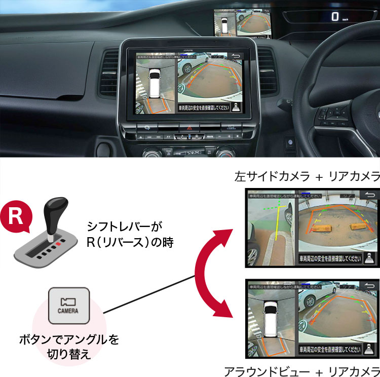 シフトレバーがR（リバース）の時ボタンでアングルを切り替え