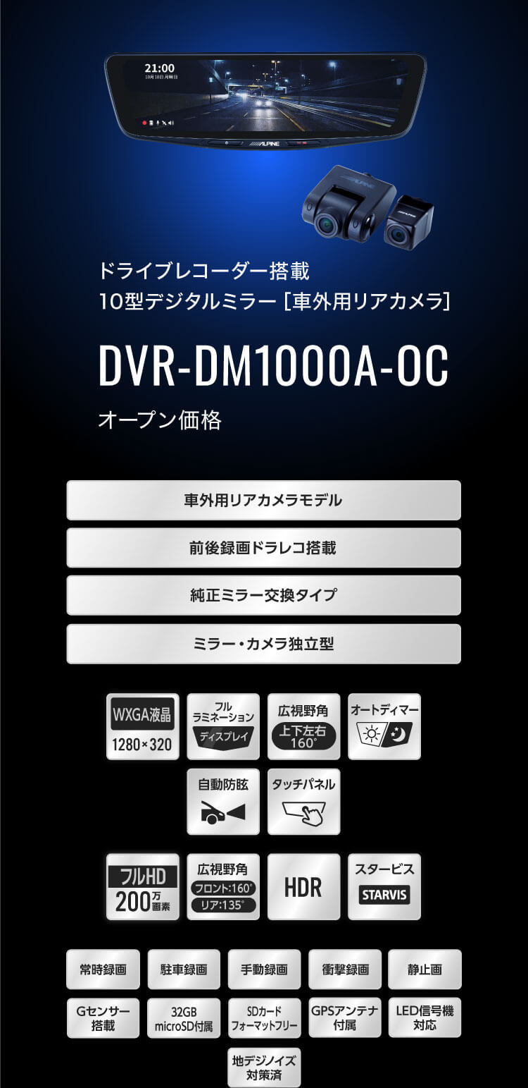 ドライブレコーダー搭載 10型デジタルミラー［車外用リアカメラ］ DVR-DM1000A-OC オープン価格