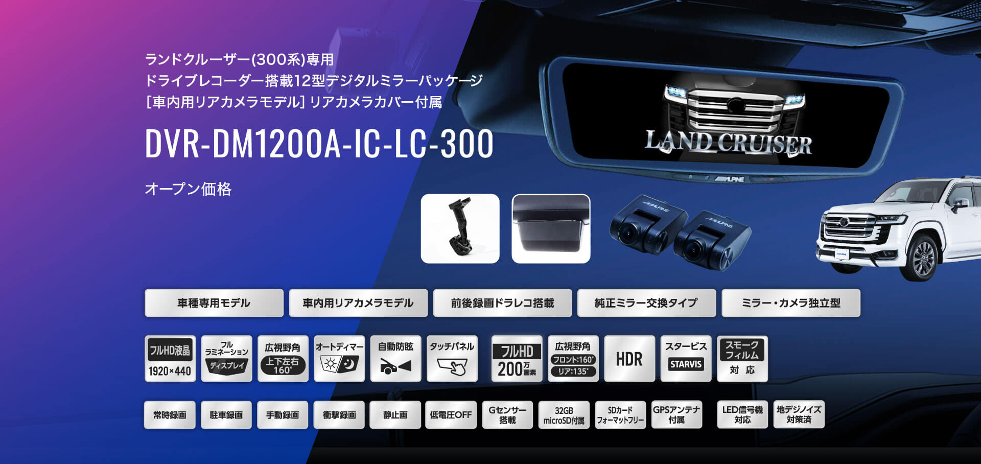 ランドクルーザー(300系)専用 ドライブレコーダー搭載12型デジタルミラーパッケージ［車内用リアカメラモデル］リアカメラカバー付属 DVR-DM1200A-IC-LC-300 オープン価格