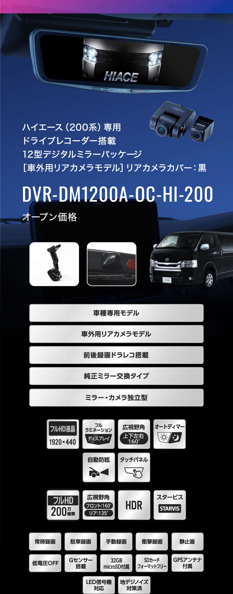 ハイエース（200系）専用 ドライブレコーダー搭載12型デジタルミラーパッケージ［車外用リアカメラモデル］リアカメラカバー：黒 DVR-DM1200A-OC-HI-200 オープン価格