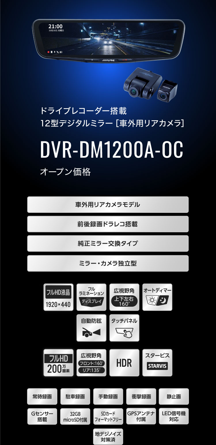 ドライブレコーダー搭載 12型デジタルミラー［車外用リアカメラ］ DVR-DM1200A-OC オープン価格