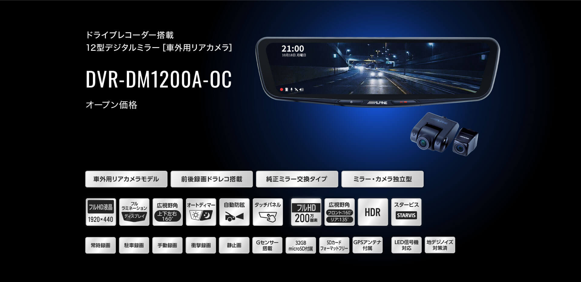 ドライブレコーダー搭載 12型デジタルミラー［車外用リアカメラ］ DVR-DM1200A-OC オープン価格