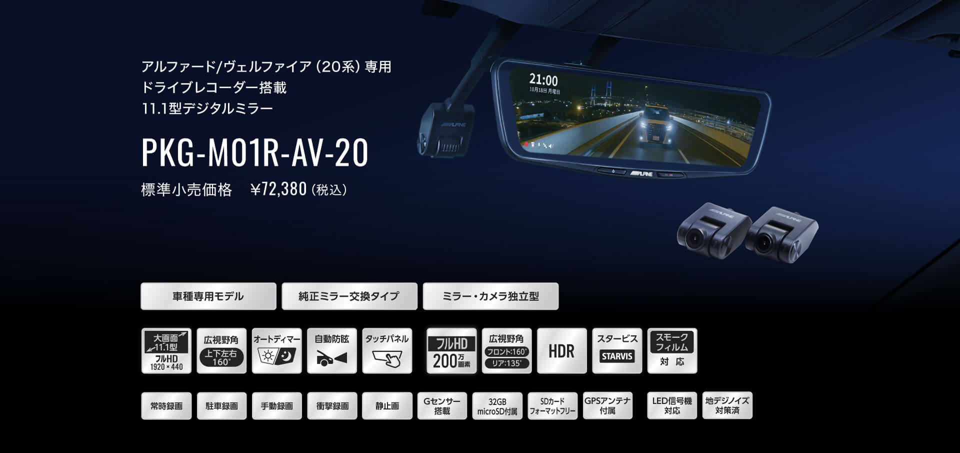 アルファード/ヴェルファイア（20系）専用 ドライブレコーダー搭載 11.1型デジタルミラー PKG-M01R-AV-20 標準小売価格　￥72,380（税込）