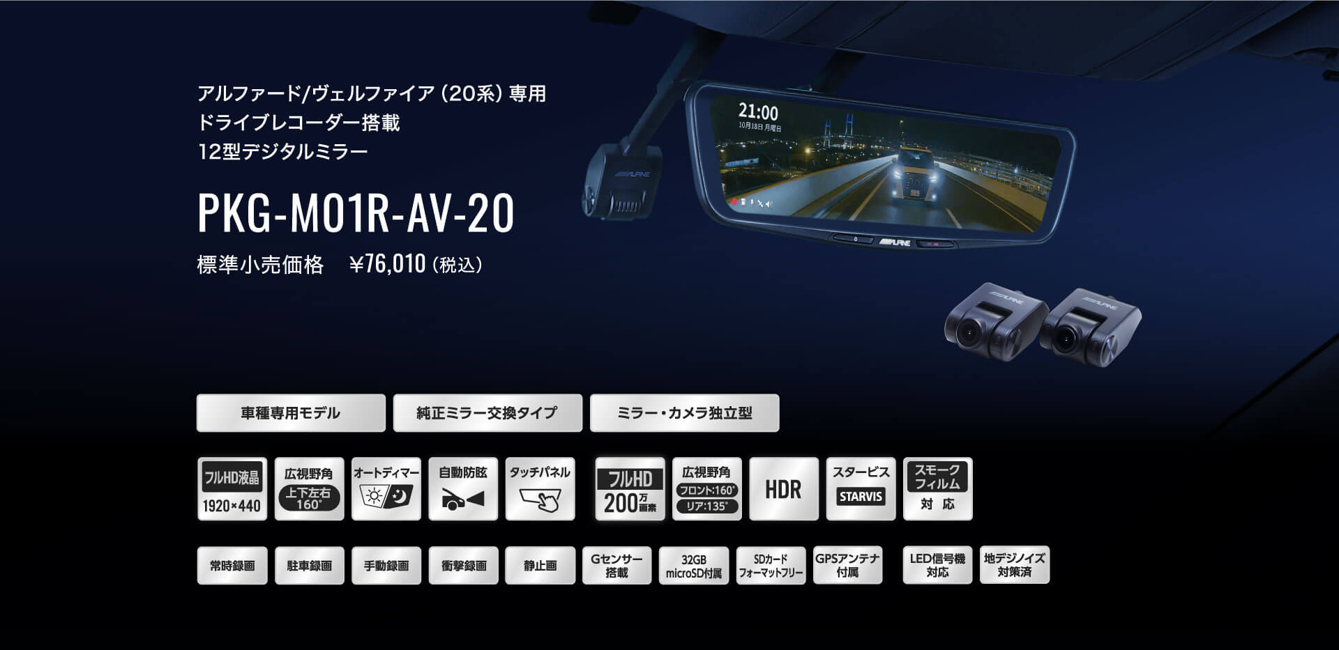 アルファード/ヴェルファイア（20系）専用 ドライブレコーダー搭載 12型デジタルミラー PKG-M01R-AV-20 標準小売価格　￥76,010（税込）