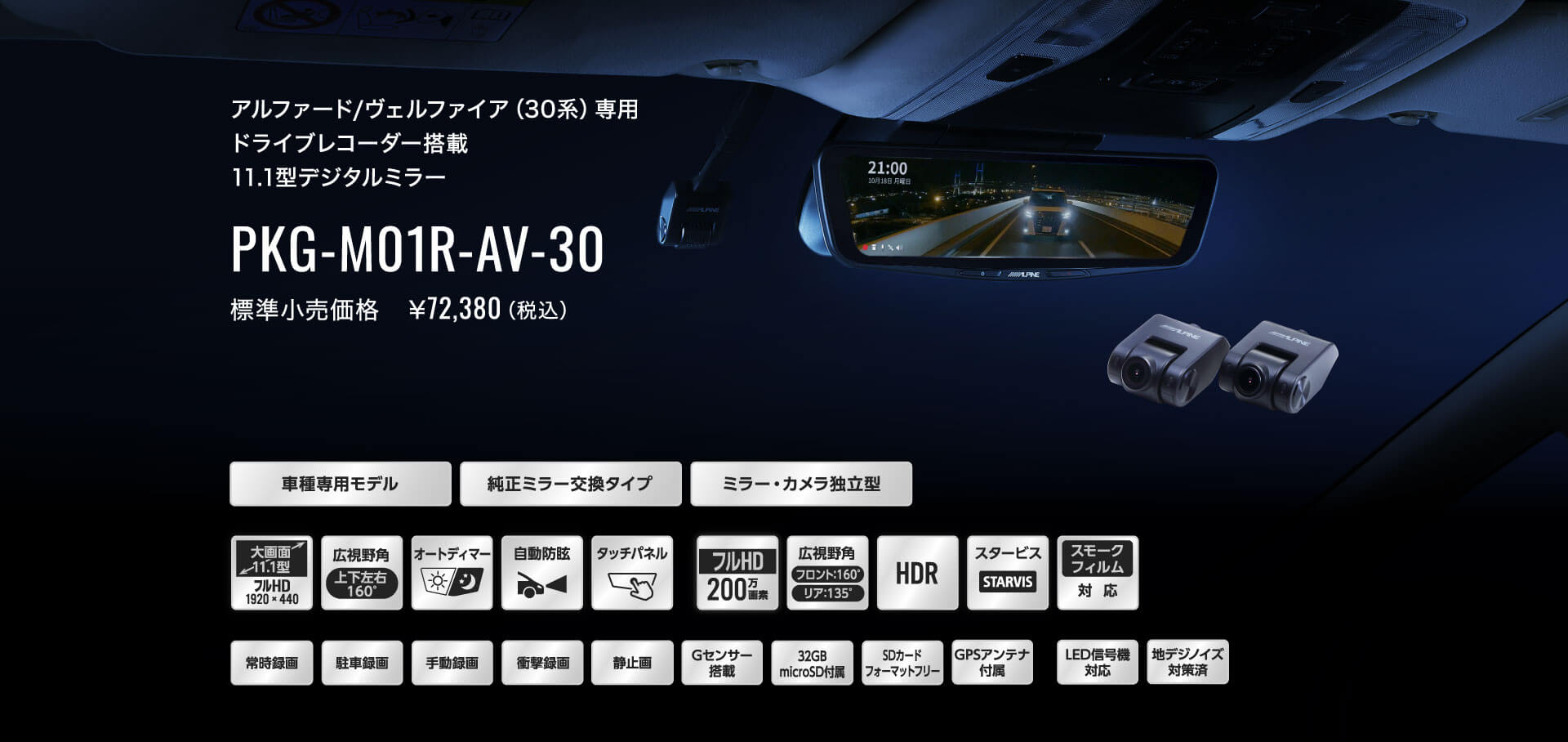 アルファード/ヴェルファイア（30系）専用 ドライブレコーダー搭載 11.1型デジタルミラー PKG-M01R-AV-30 標準小売価格　￥72,380（税込）