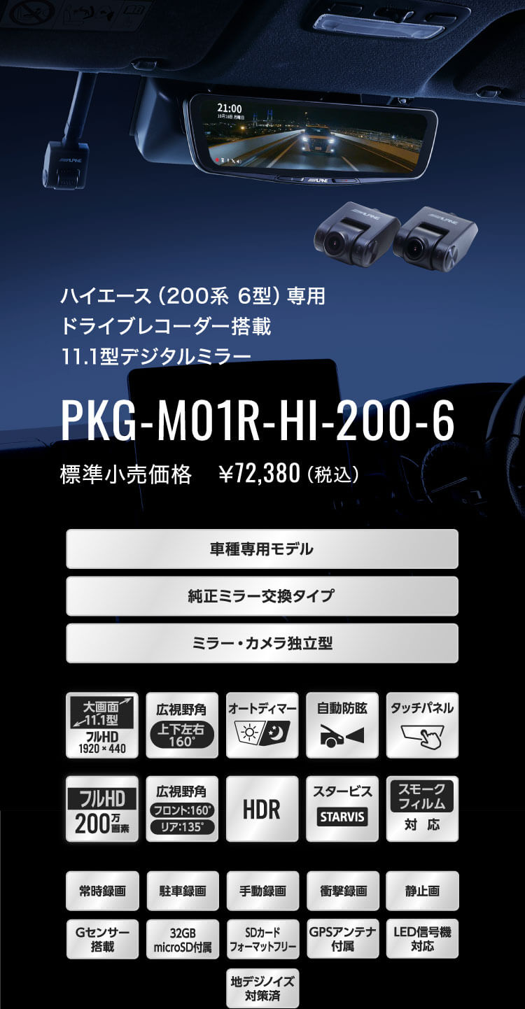 ハイエース（200系 6型）専用 ドライブレコーダー搭載 11.1型デジタルミラー PKG-M01R-HI-200-6 標準小売価格　￥72,380（税込）