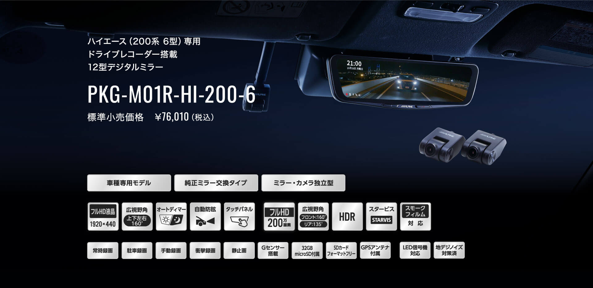 ハイエース（200系 6型）専用 ドライブレコーダー搭載 12型デジタルミラー PKG-M01R-HI-200-6 標準小売価格　￥76,010（税込）