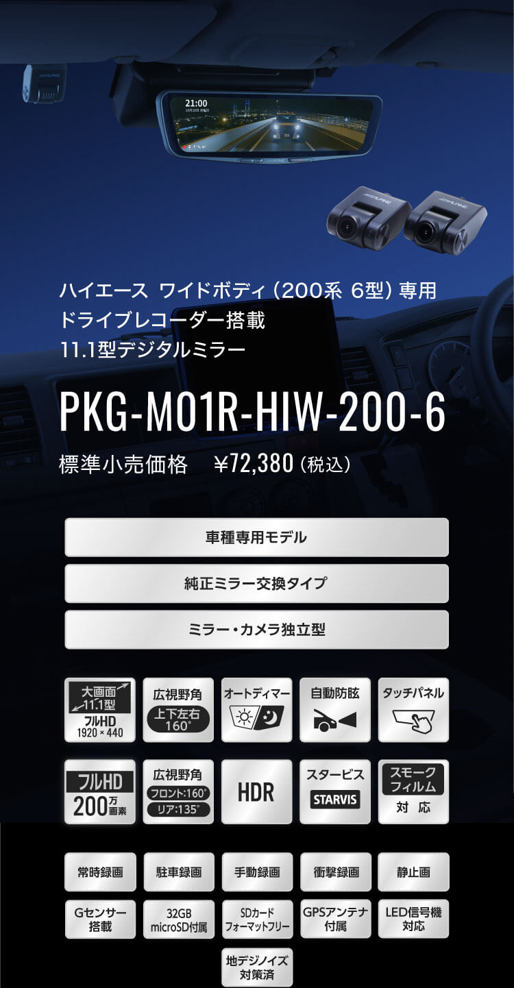 ハイエース ワイドボディ（200系 6型）専用 ドライブレコーダー搭載 11.1型デジタルミラー PKG-M01R-HIW-200-6 標準小売価格　￥72,380（税込）