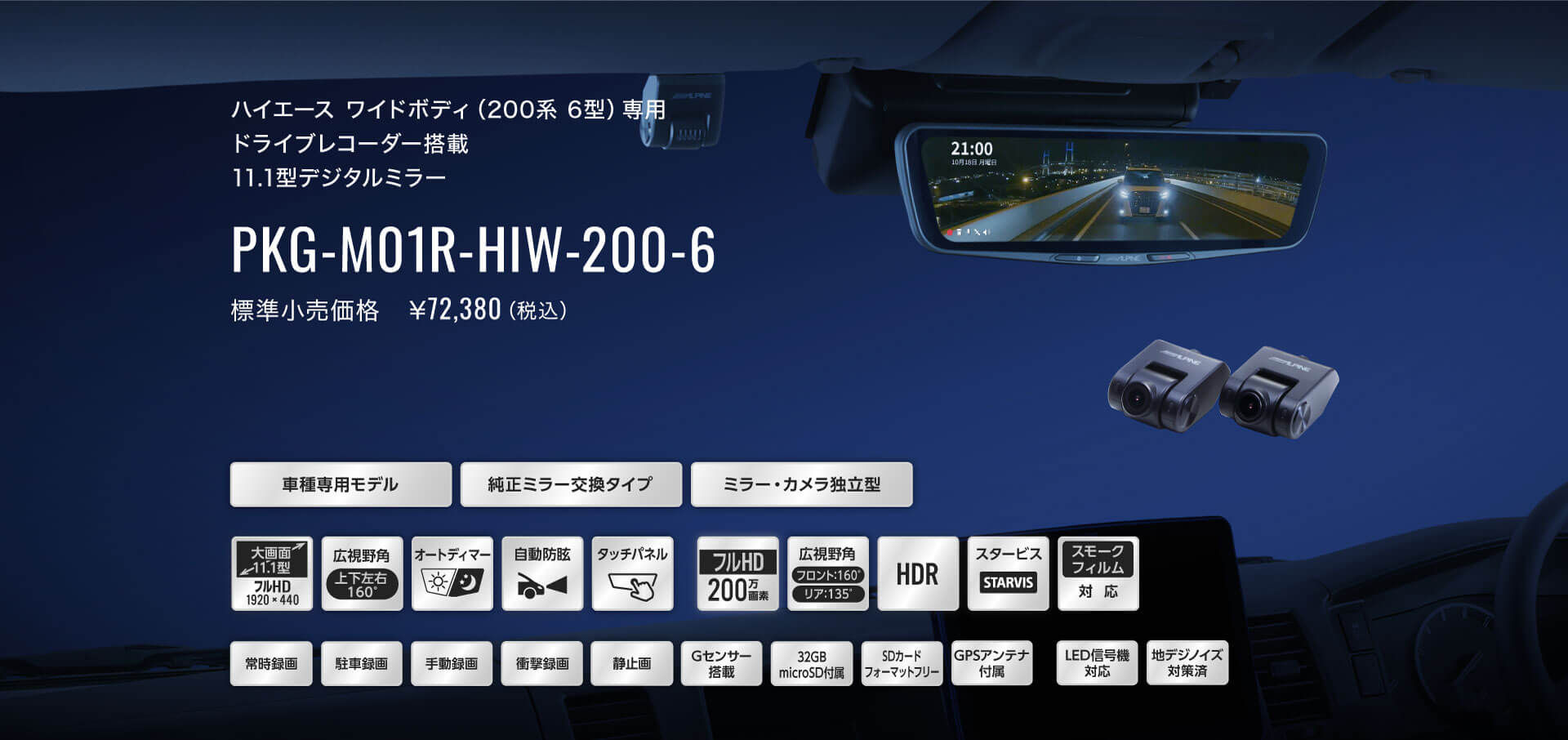 ハイエース ワイドボディ（200系 6型）専用 ドライブレコーダー搭載 11.1型デジタルミラー PKG-M01R-HIW-200-6 標準小売価格　￥72,380（税込）