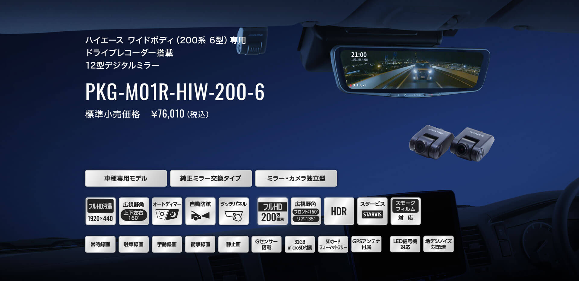 ハイエース ワイドボディ（200系 6型）専用 ドライブレコーダー搭載 12型デジタルミラー PKG-M01R-HIW-200-6 標準小売価格　￥76,010（税込）