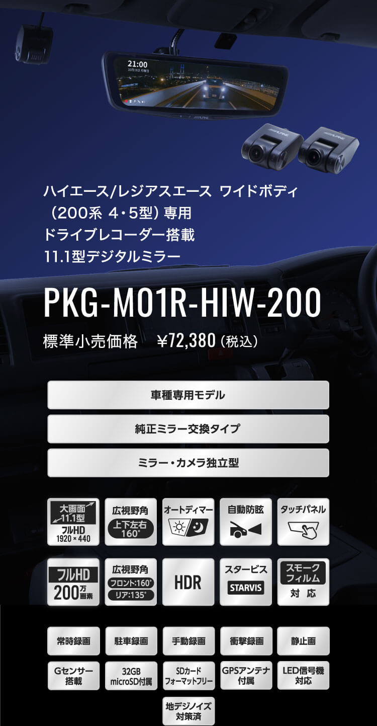 ハイエース/レジアスエース ワイドボディ（200系 4・5型）専用 ドライブレコーダー搭載 11.1型デジタルミラー PKG-M01R-HIW-200 標準小売価格　￥72,380（税込）
