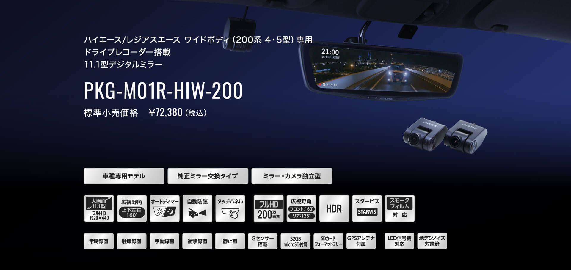 ハイエース/レジアスエース ワイドボディ（200系 4・5型）専用 ドライブレコーダー搭載 11.1型デジタルミラー PKG-M01R-HIW-200 標準小売価格　￥72,380（税込）