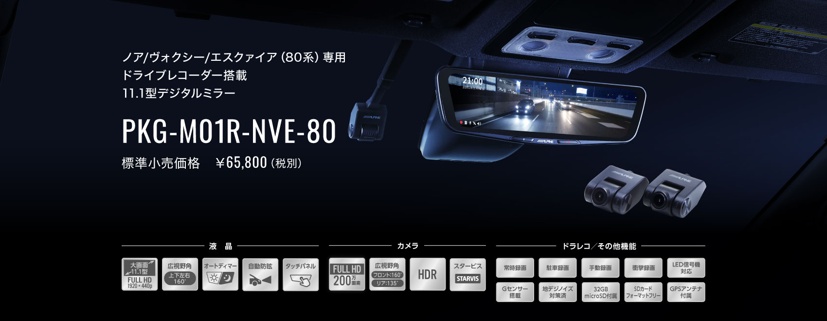 ノア/ヴォクシー/エスクァイア（80系）専用 ドライブレコーダー搭載 11.1型デジタルミラー PKG-M01R-NVE-80 標準小売価格　￥65,800（税別）