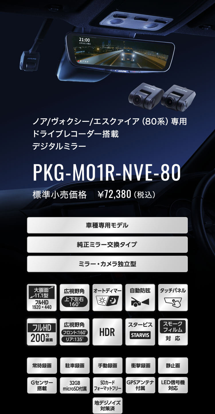 ノア/ヴォクシー/エスクァイア（80系）専用 ドライブレコーダー搭載 11.1型デジタルミラー PKG-M01R-NVE-80 標準小売価格　￥72,380（税込）