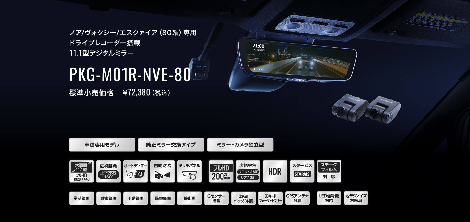 ノア/ヴォクシー/エスクァイア（80系）専用 ドライブレコーダー搭載 11.1型デジタルミラー PKG-M01R-NVE-80 標準小売価格　￥72,380（税込）