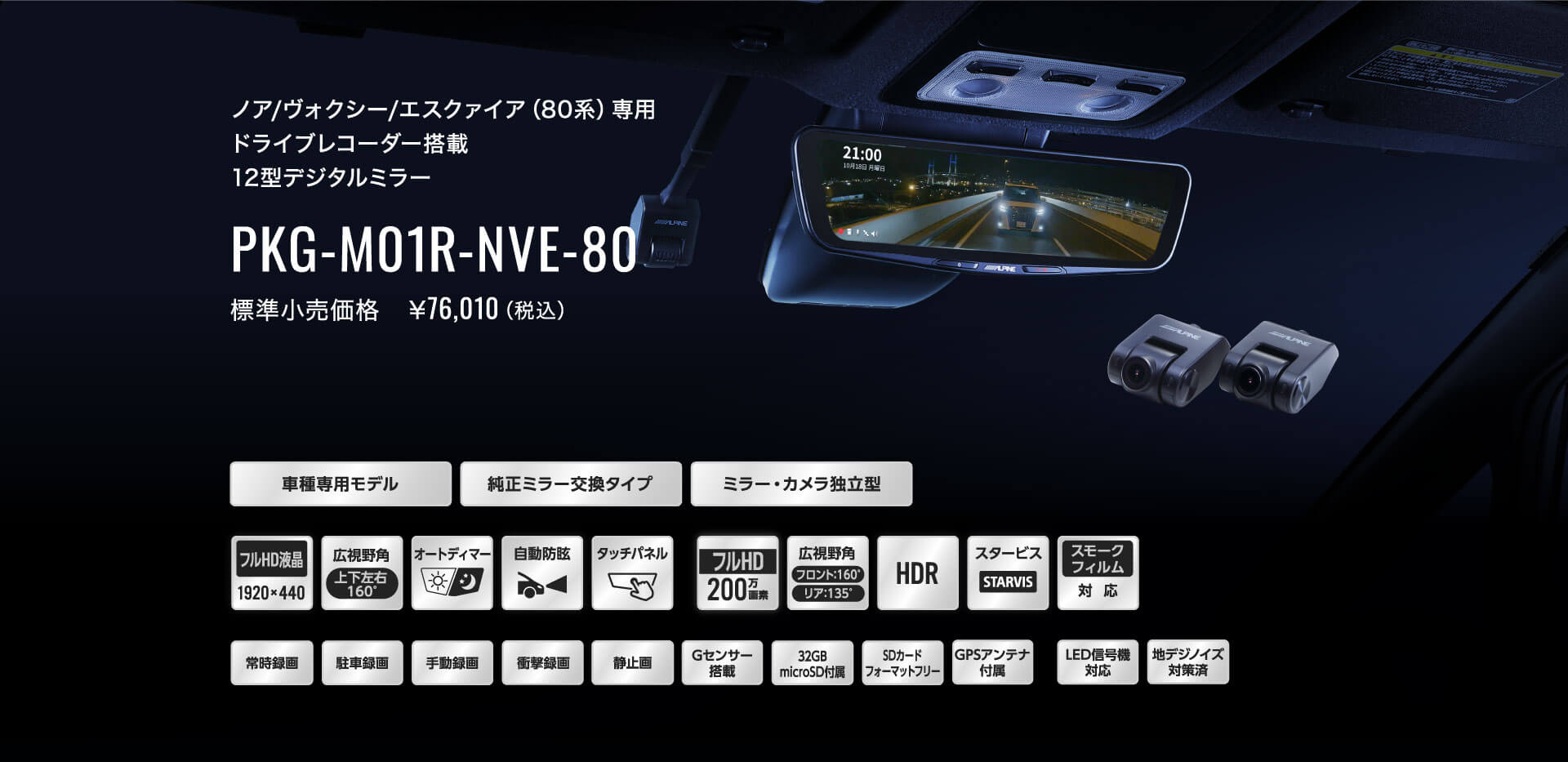 ノア/ヴォクシー/エスクァイア（80系）専用 ドライブレコーダー搭載 12型デジタルミラー PKG-M01R-NVE-80 標準小売価格　￥76,010（税込）