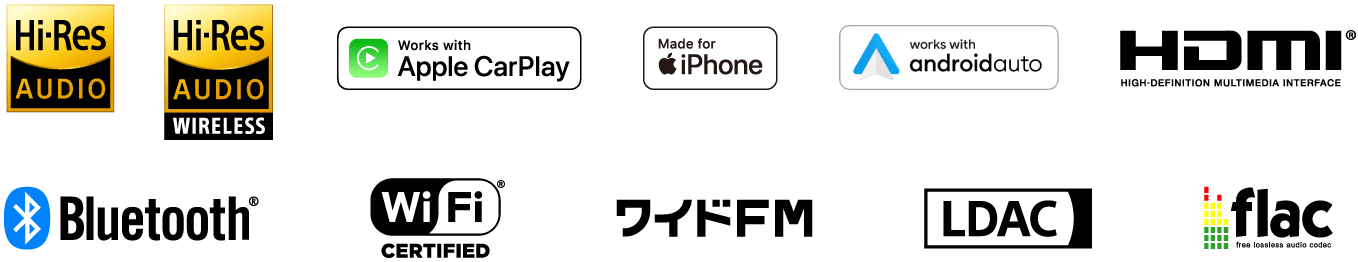 Hi-Res AUDIO / Hi-Res AUDIO WIRELESS / Apple CarPlay / iPhone / androidauto / HDMI / Bluetooth / WiFi / ワイドFM / LDAC / flac