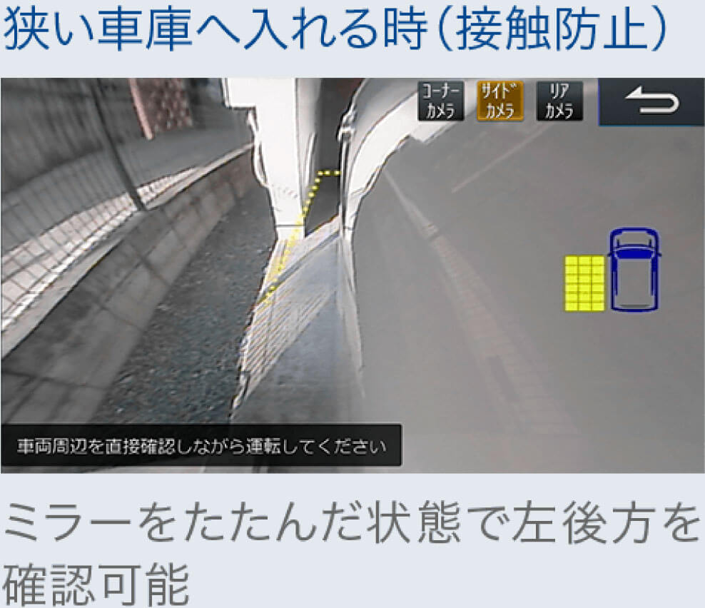 狭い車庫へ入れる時（接触防止）ミラーをたたんだ状態で左後方を確認可能