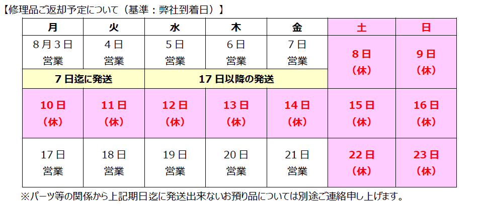 8月連休のご案内