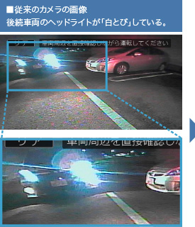 ■従来のカメラの画像 後続車両のヘッドライトが「白とび」している。