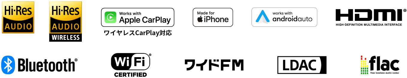 Hi-Res AUDIO / Hi-Res AUDIO WIRELESS / Apple CarPlay ワイヤレスCarPlay対応 / iPhone / androidauto / HDMI / Bluetooth / WiFi / ワイドFM / LDAC / flac